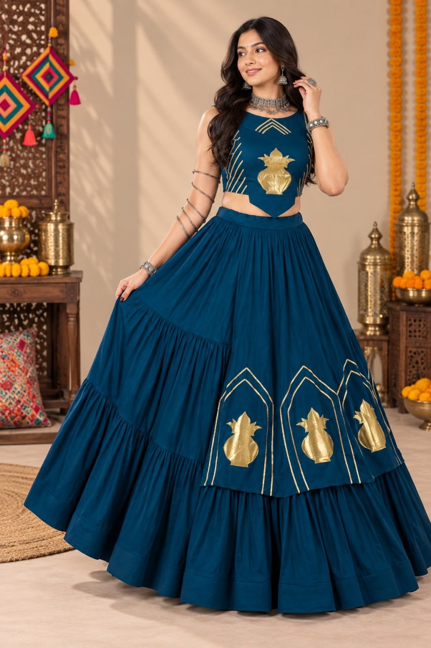 Teal Blue Pure Rayon Cotton Golden "Chitra" Patch Work Navratri Lehenga Choli