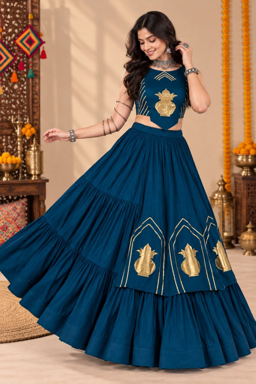Teal Blue Pure Rayon Cotton Golden "Chitra" Patch Work Navratri Lehenga Choli
