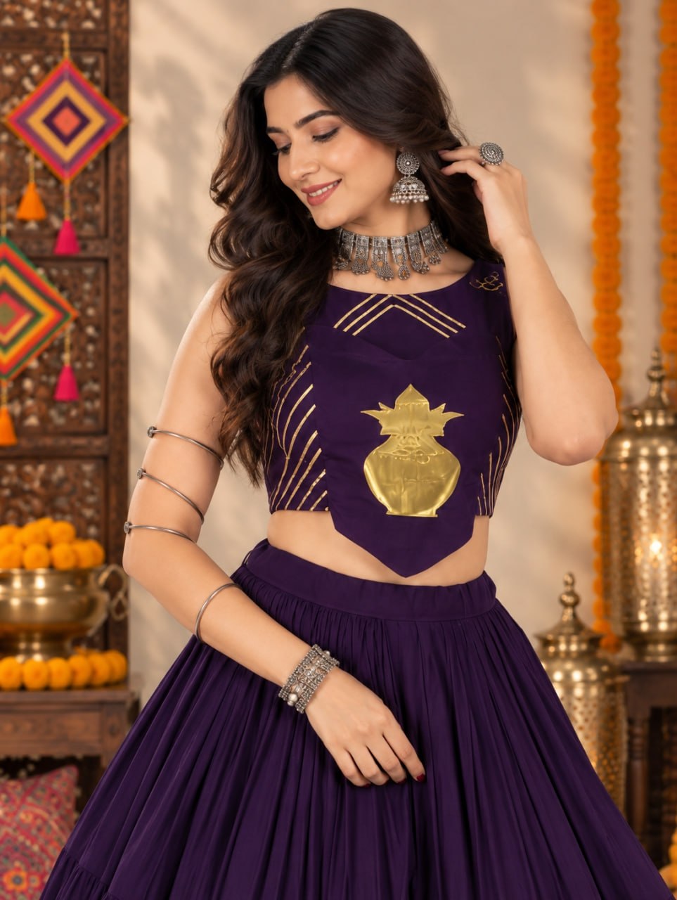 Royal Purple Pure Rayon Cotton Golden "Chitra" Patch Work Navratri Lehenga Choli