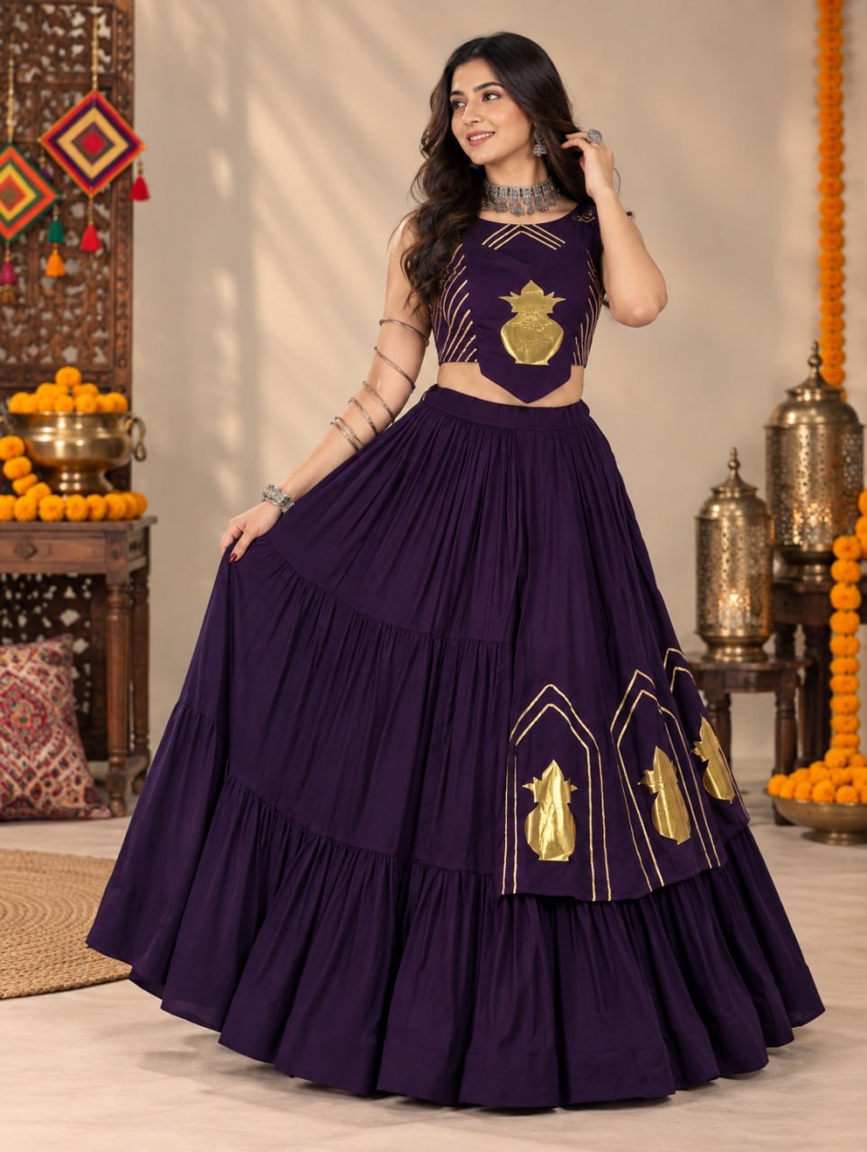 Royal Purple Pure Rayon Cotton Golden "Chitra" Patch Work Navratri Lehenga Choli