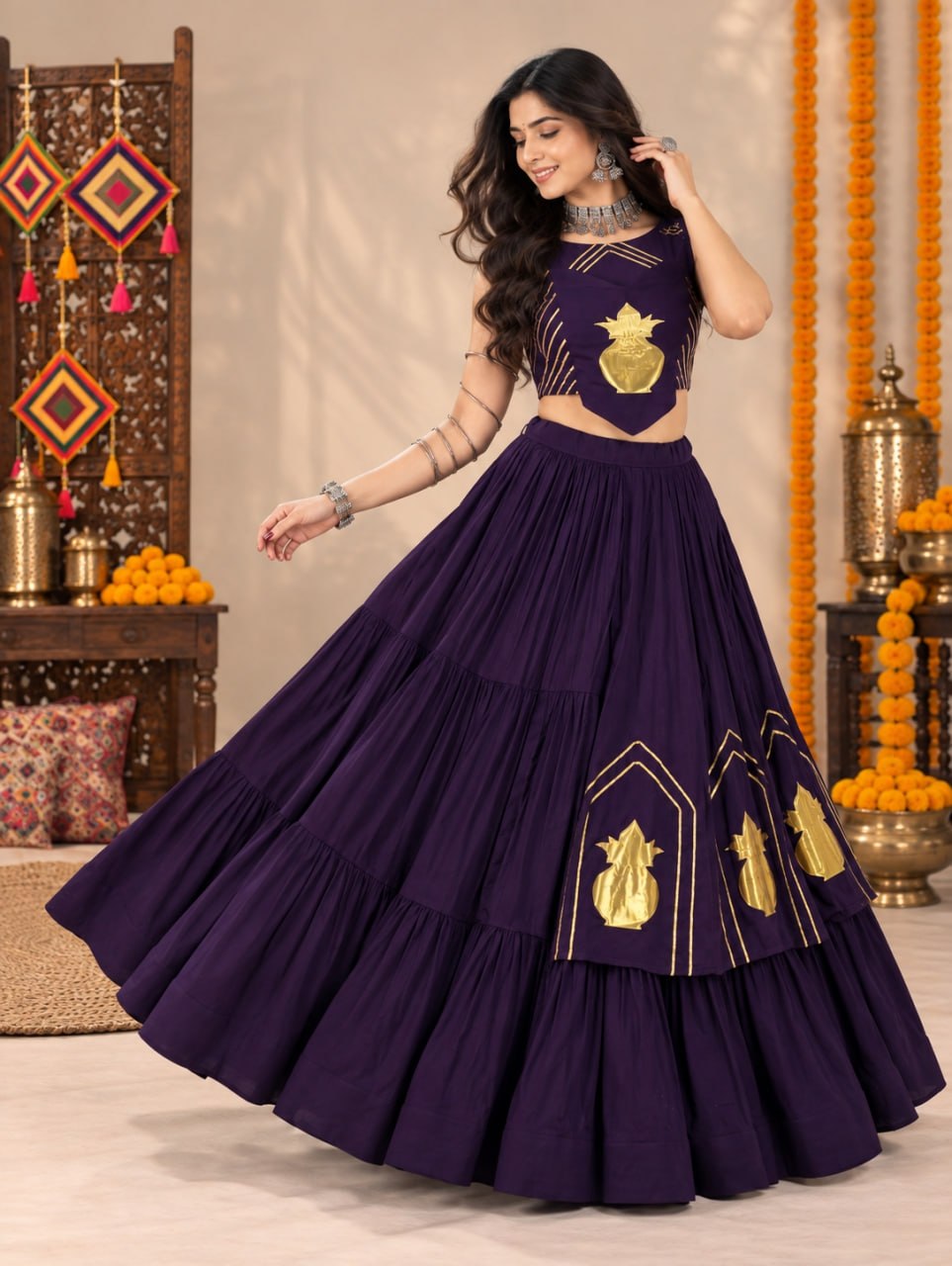 Royal Purple Pure Rayon Cotton Golden "Chitra" Patch Work Navratri Lehenga Choli