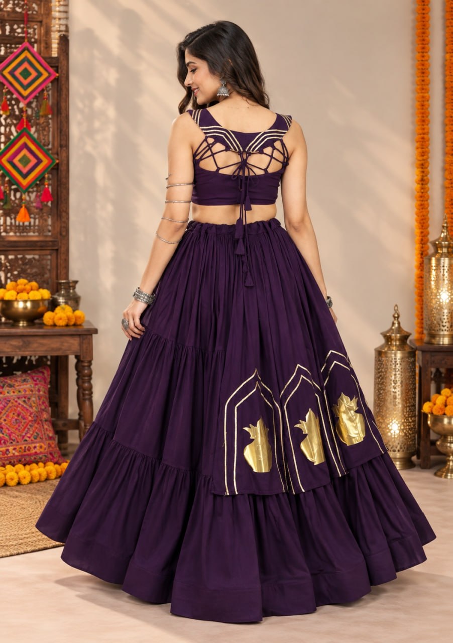 Royal Purple Pure Rayon Cotton Golden "Chitra" Patch Work Navratri Lehenga Choli