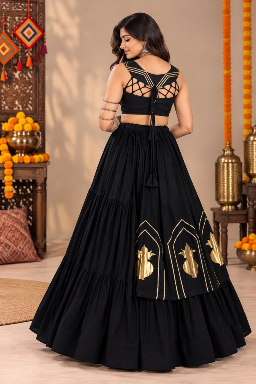 Black Pure Rayon Cotton Golden "Chitra" Patch Work Navratri Lehenga Choli