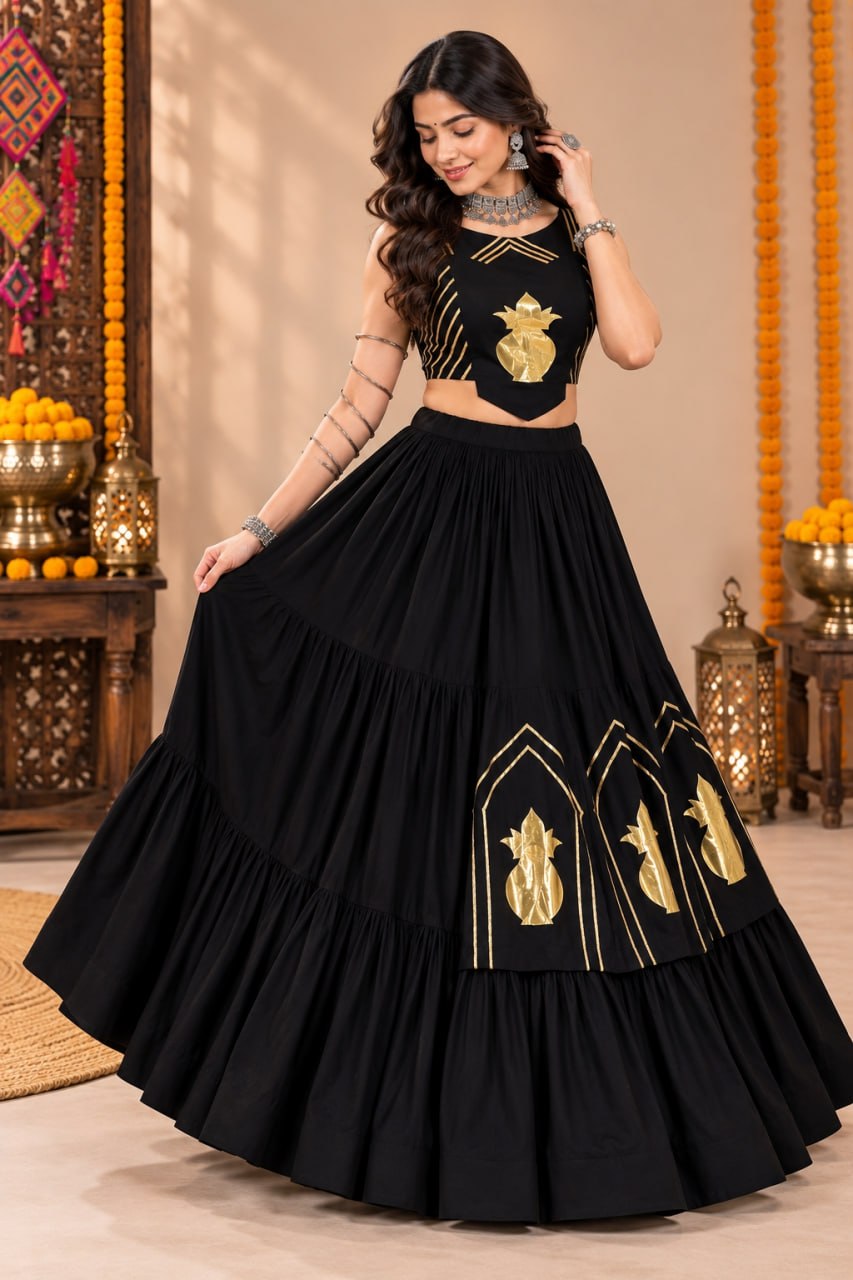 Black Pure Rayon Cotton Golden "Chitra" Patch Work Navratri Lehenga Choli
