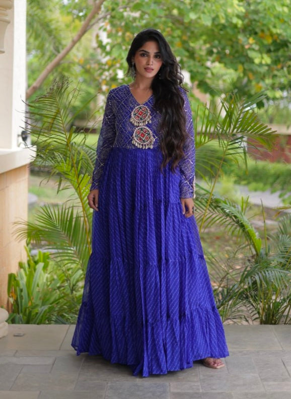Blue Pure Faux Georgette Lahariya Print with Kutchi Patchwork Navratri Gown