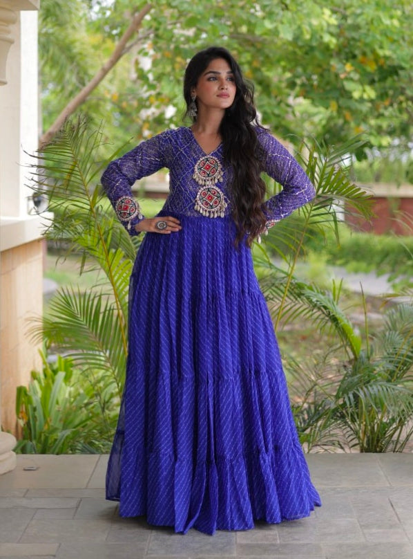 Blue Pure Faux Georgette Lahariya Print with Kutchi Patchwork Navratri Gown