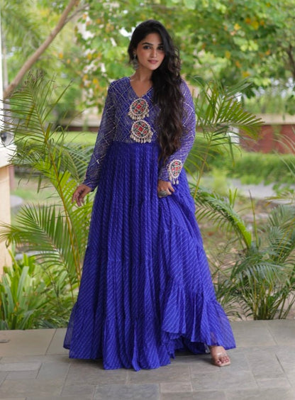 Blue Pure Faux Georgette Lahariya Print with Kutchi Patchwork Navratri Gown