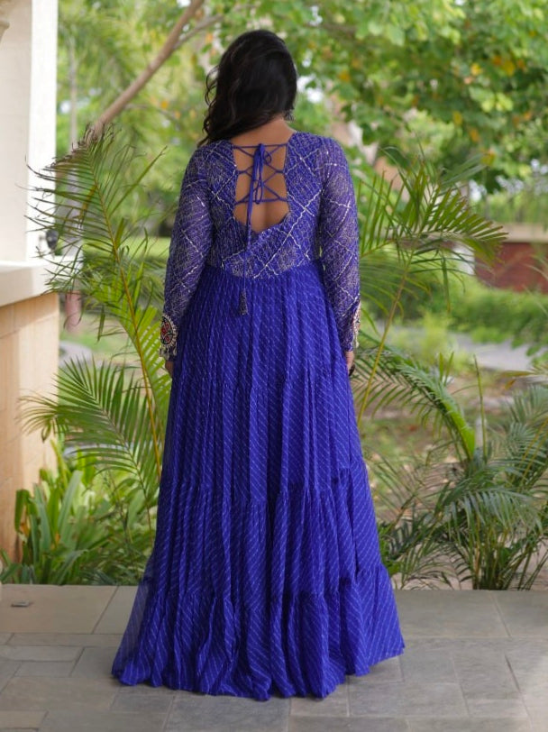 Blue Pure Faux Georgette Lahariya Print with Kutchi Patchwork Navratri Gown