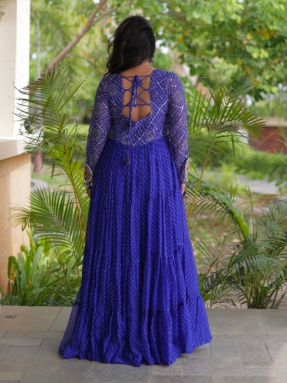 Blue Pure Faux Georgette Lahariya Print with Kutchi Patchwork Navratri Gown