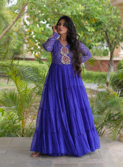 Blue Pure Faux Georgette Lahariya Print with Kutchi Patchwork Navratri Gown