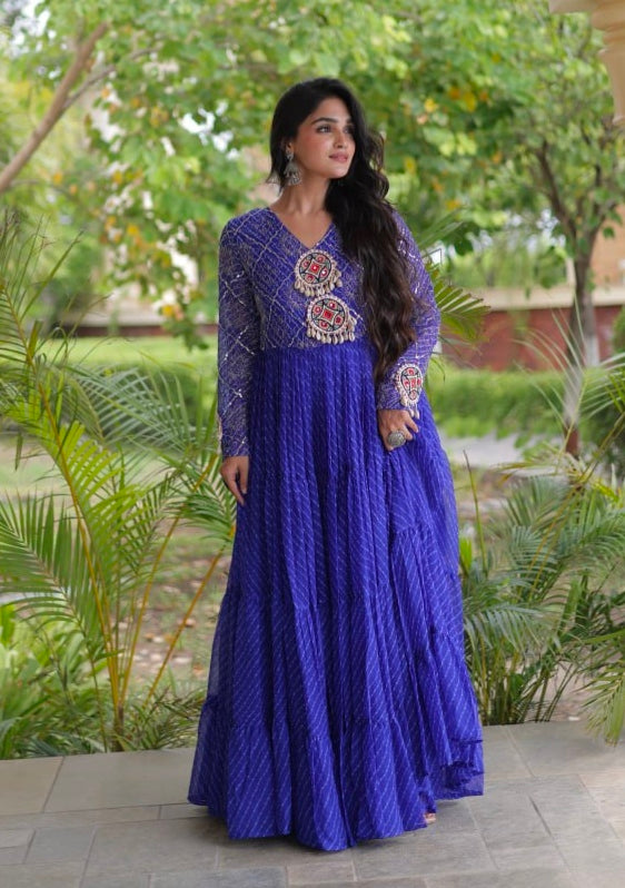Blue Pure Faux Georgette Lahariya Print with Kutchi Patchwork Navratri Gown