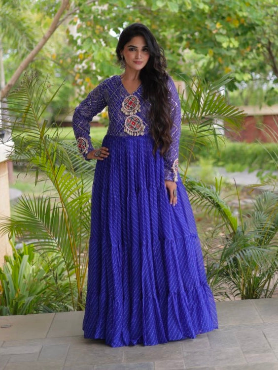 Blue Pure Faux Georgette Lahariya Print with Kutchi Patchwork Navratri Gown