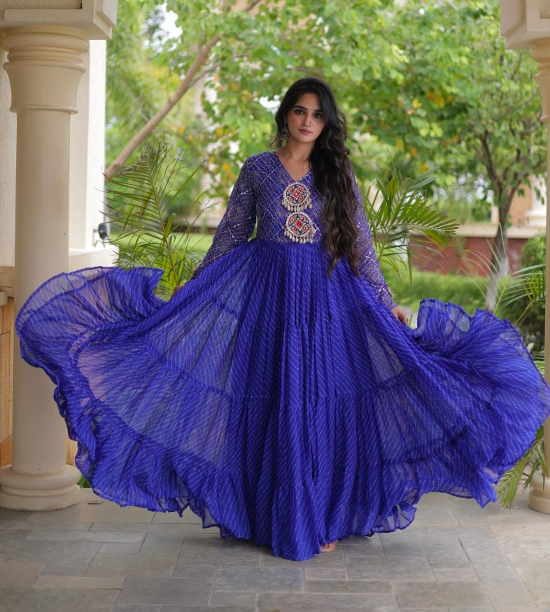 Blue Pure Faux Georgette Lahariya Print with Kutchi Patchwork Navratri Gown