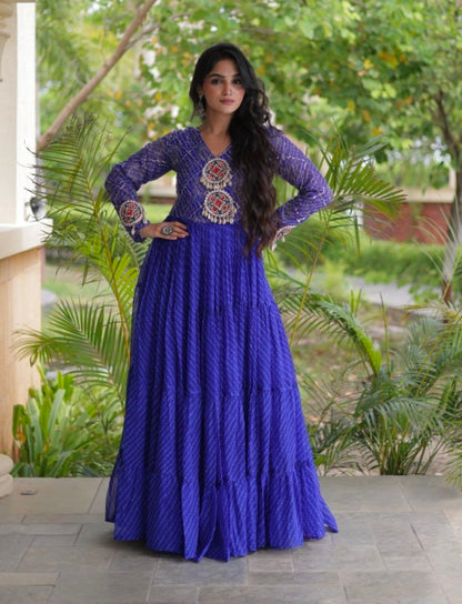 Blue Pure Faux Georgette Lahariya Print with Kutchi Patchwork Navratri Gown