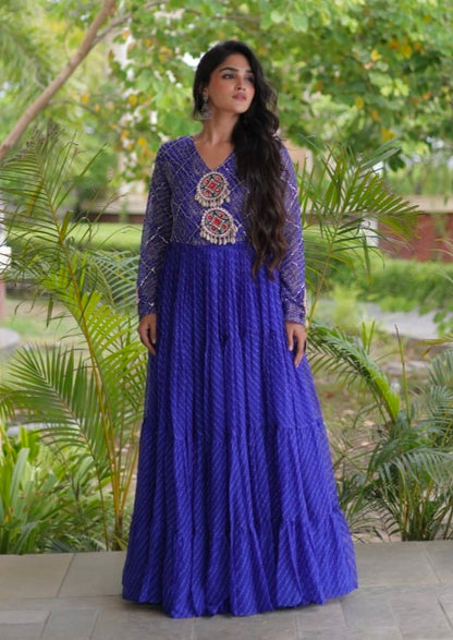 Blue Pure Faux Georgette Lahariya Print with Kutchi Patchwork Navratri Gown