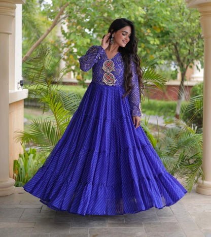 Blue Pure Faux Georgette Lahariya Print with Kutchi Patchwork Navratri Gown