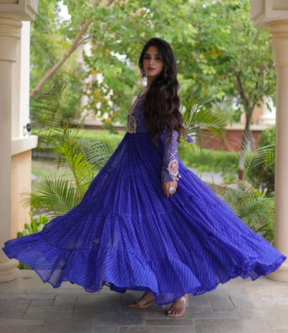 Blue Pure Faux Georgette Lahariya Print with Kutchi Patchwork Navratri Gown
