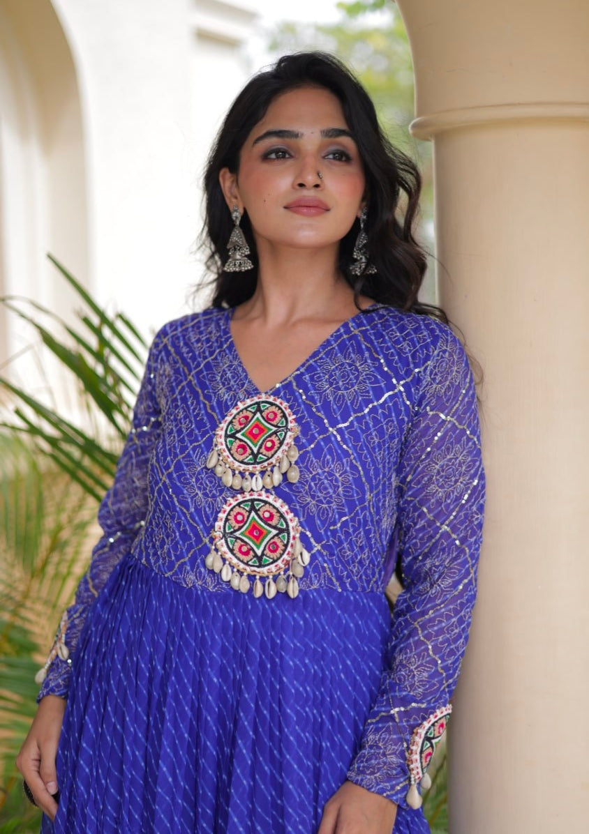 Blue Pure Faux Georgette Lahariya Print with Kutchi Patchwork Navratri Gown
