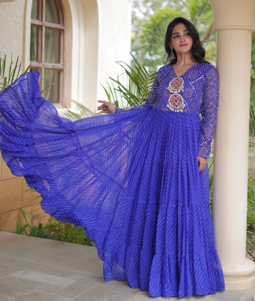 Blue Pure Faux Georgette Lahariya Print with Kutchi Patchwork Navratri Gown