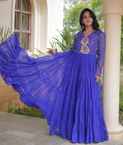 Blue Pure Faux Georgette Lahariya Print with Kutchi Patchwork Navratri Gown