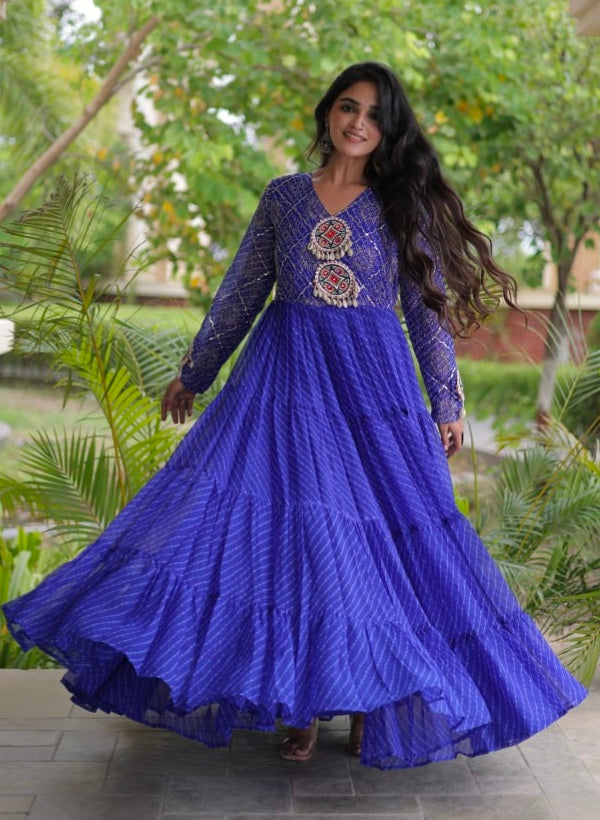 Blue Pure Faux Georgette Lahariya Print with Kutchi Patchwork Navratri Gown