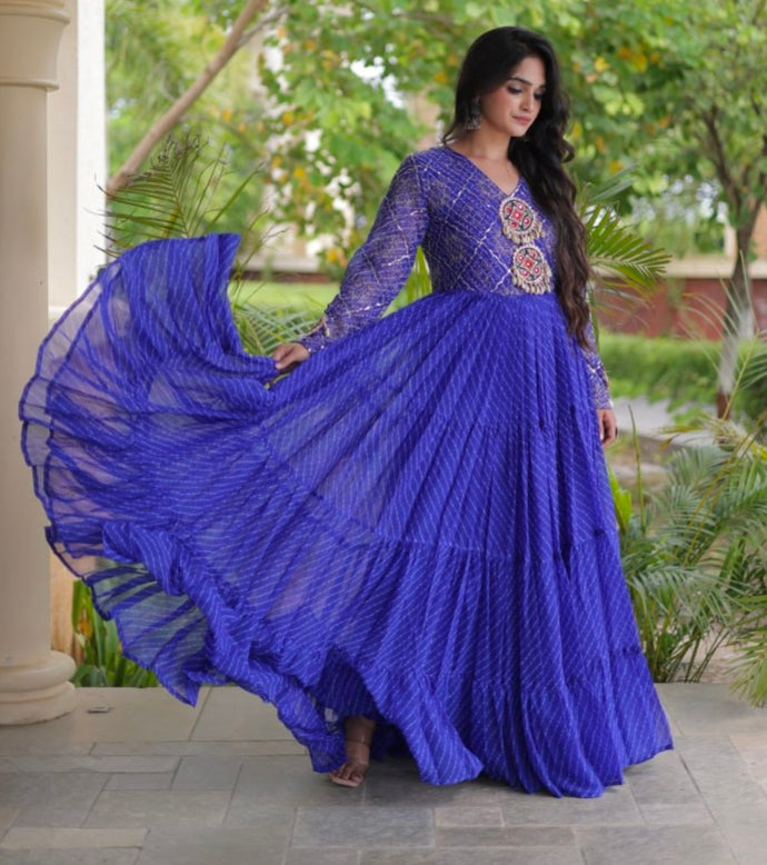 Blue Pure Faux Georgette Lahariya Print with Kutchi Patchwork Navratri Gown