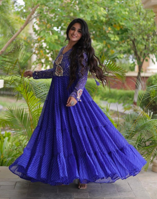 Blue Pure Faux Georgette Lahariya Print with Kutchi Patchwork Navratri Gown