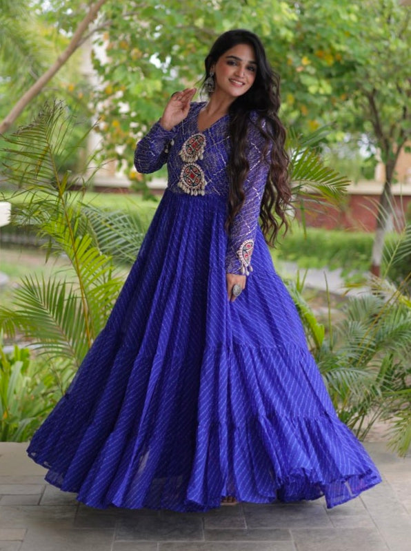 Blue Pure Faux Georgette Lahariya Print with Kutchi Patchwork Navratri Gown