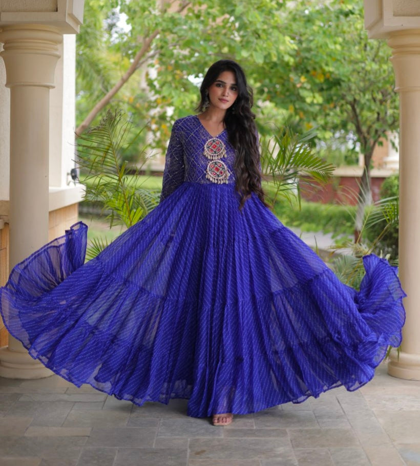 Blue Pure Faux Georgette Lahariya Print with Kutchi Patchwork Navratri Gown