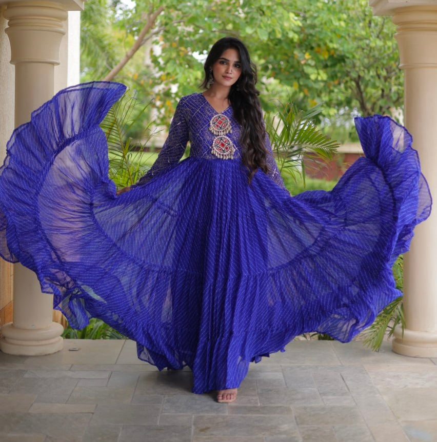 Blue Pure Faux Georgette Lahariya Print with Kutchi Patchwork Navratri Gown