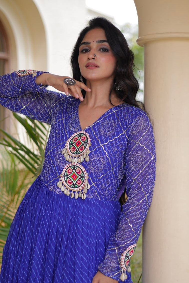 Blue Pure Faux Georgette Lahariya Print with Kutchi Patchwork Navratri Gown