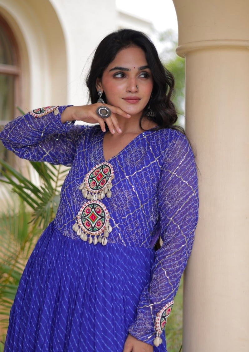 Blue Pure Faux Georgette Lahariya Print with Kutchi Patchwork Navratri Gown
