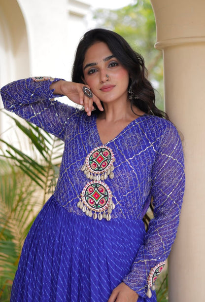 Blue Pure Faux Georgette Lahariya Print with Kutchi Patchwork Navratri Gown