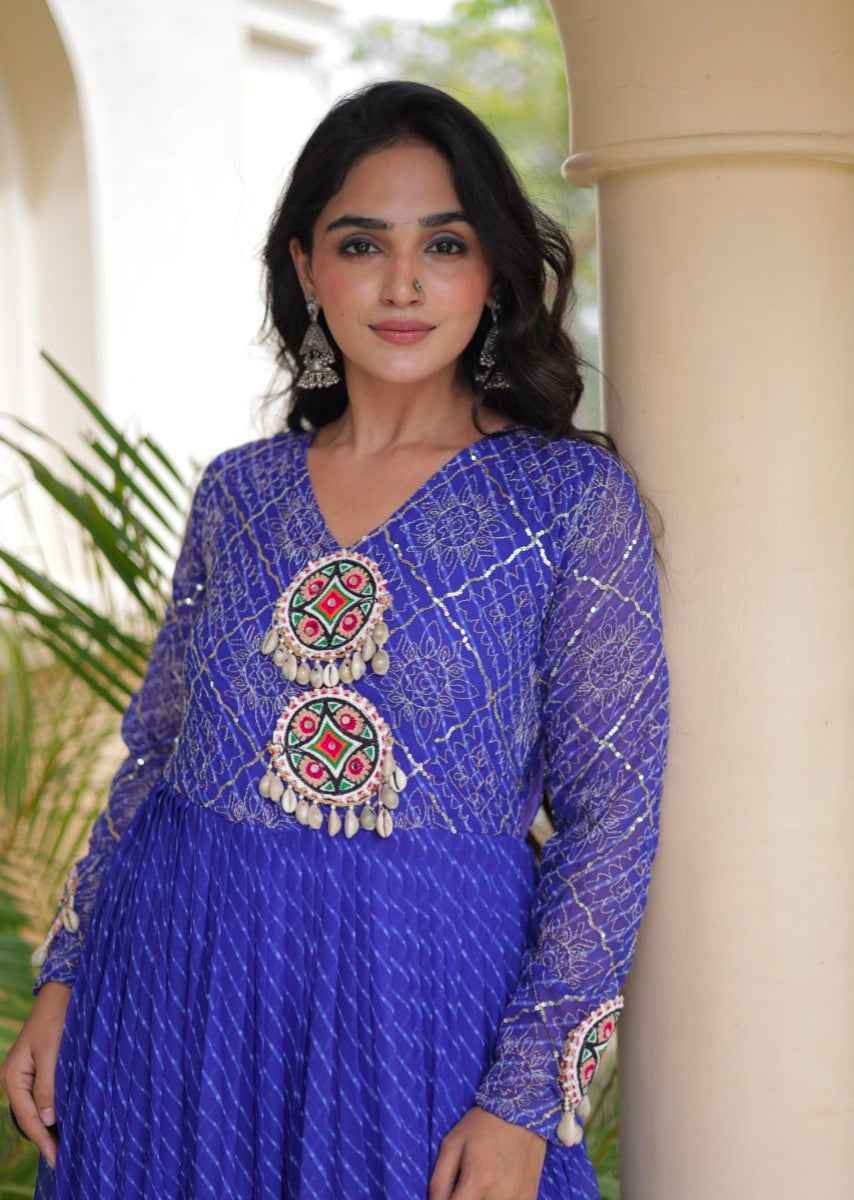Blue Pure Faux Georgette Lahariya Print with Kutchi Patchwork Navratri Gown