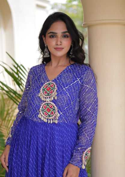 Blue Pure Faux Georgette Lahariya Print with Kutchi Patchwork Navratri Gown