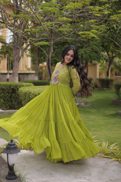 Parrot Pure Faux Georgette Lahariya Print with Kutchi Patchwork Navratri Gown