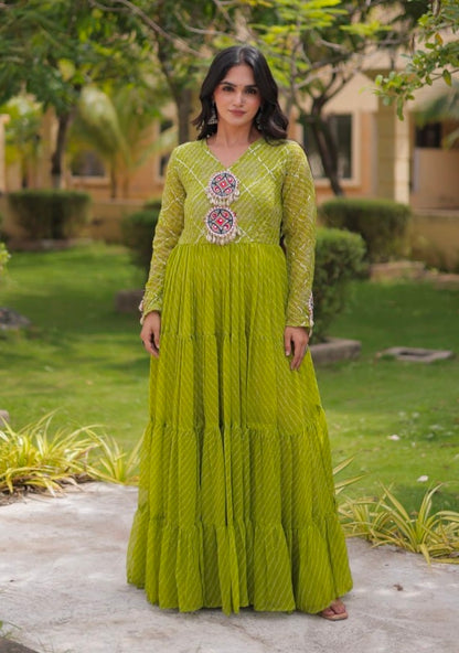 Parrot Pure Faux Georgette Lahariya Print with Kutchi Patchwork Navratri Gown