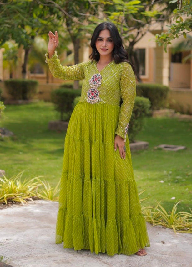 Parrot Pure Faux Georgette Lahariya Print with Kutchi Patchwork Navratri Gown