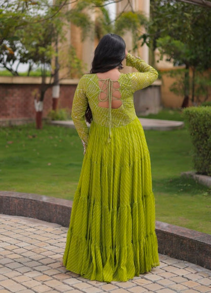 Parrot Pure Faux Georgette Lahariya Print with Kutchi Patchwork Navratri Gown