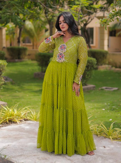 Parrot Pure Faux Georgette Lahariya Print with Kutchi Patchwork Navratri Gown