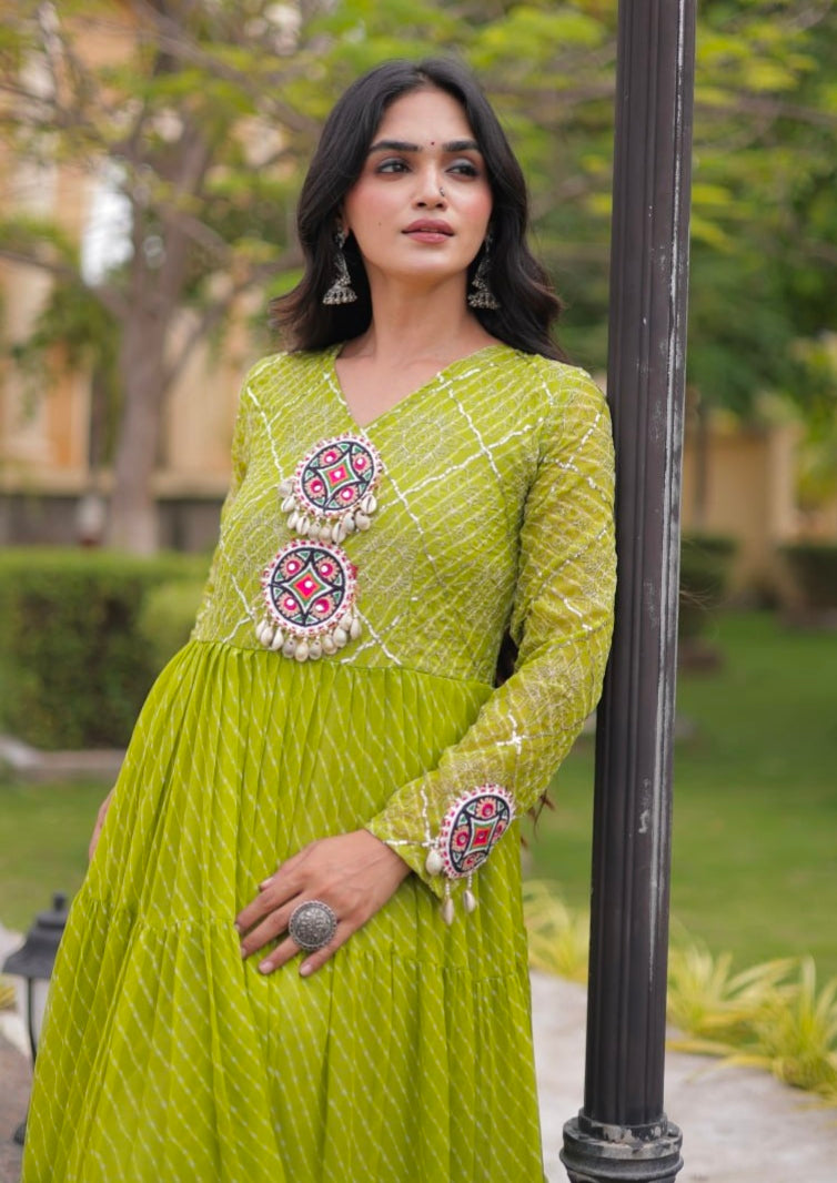 Parrot Pure Faux Georgette Lahariya Print with Kutchi Patchwork Navratri Gown