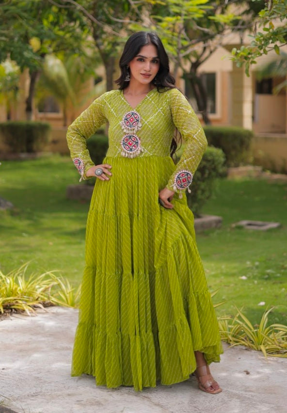 Parrot Pure Faux Georgette Lahariya Print with Kutchi Patchwork Navratri Gown