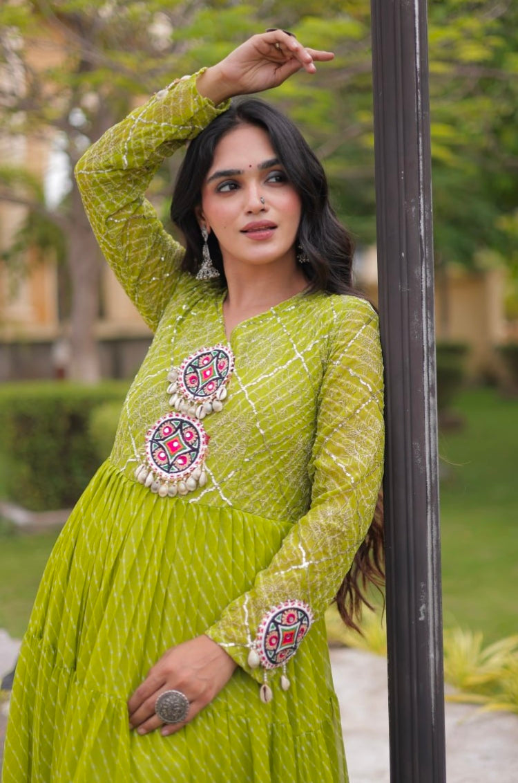 Parrot Pure Faux Georgette Lahariya Print with Kutchi Patchwork Navratri Gown