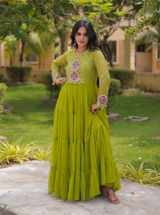 Parrot Pure Faux Georgette Lahariya Print with Kutchi Patchwork Navratri Gown