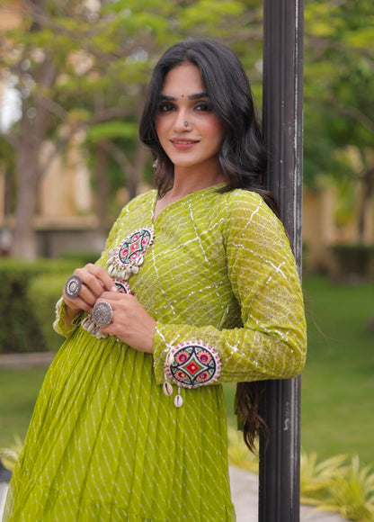 Parrot Pure Faux Georgette Lahariya Print with Kutchi Patchwork Navratri Gown