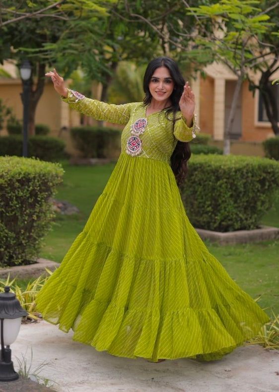 Parrot Pure Faux Georgette Lahariya Print with Kutchi Patchwork Navratri Gown
