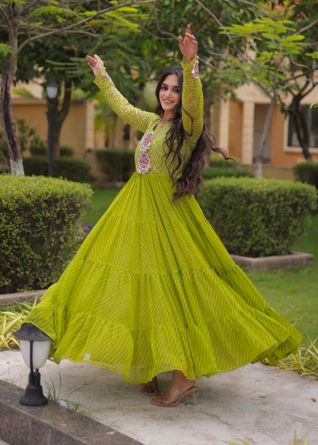 Parrot Pure Faux Georgette Lahariya Print with Kutchi Patchwork Navratri Gown
