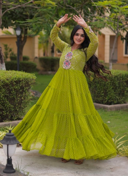 Parrot Pure Faux Georgette Lahariya Print with Kutchi Patchwork Navratri Gown