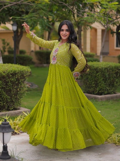 Parrot Pure Faux Georgette Lahariya Print with Kutchi Patchwork Navratri Gown