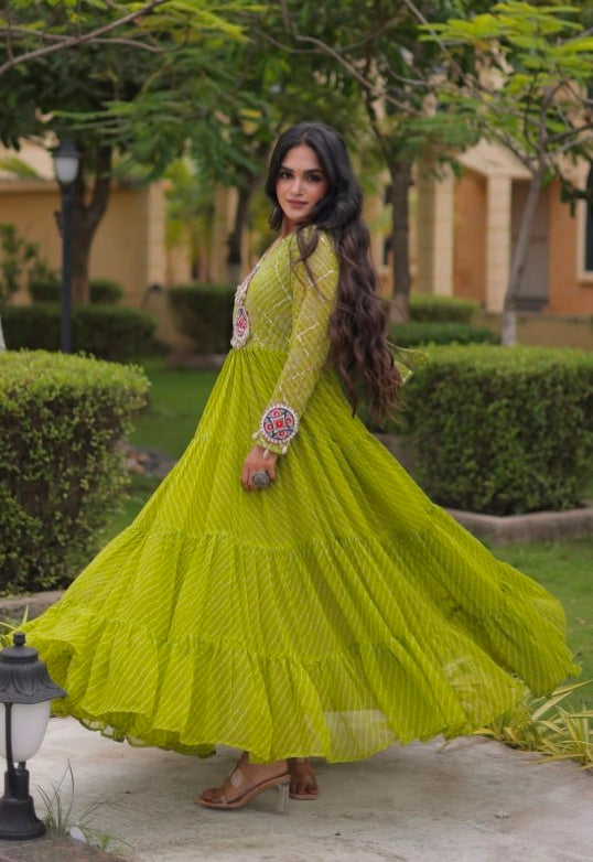Parrot Pure Faux Georgette Lahariya Print with Kutchi Patchwork Navratri Gown